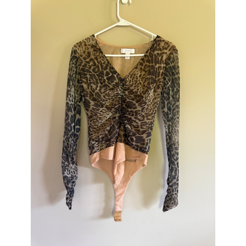 Scripted Leopard Print Metallic Mesh Bodysuit V-Neck Ruched‎ Long Sleeve Small